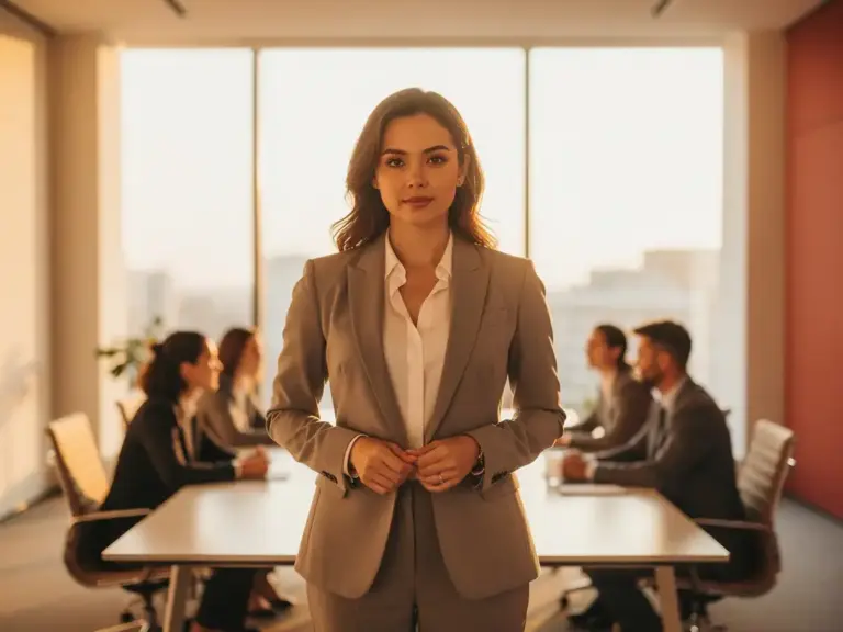 Confident professional woman leading a meeting in a sunlit modern conference room with colleagues in the background.