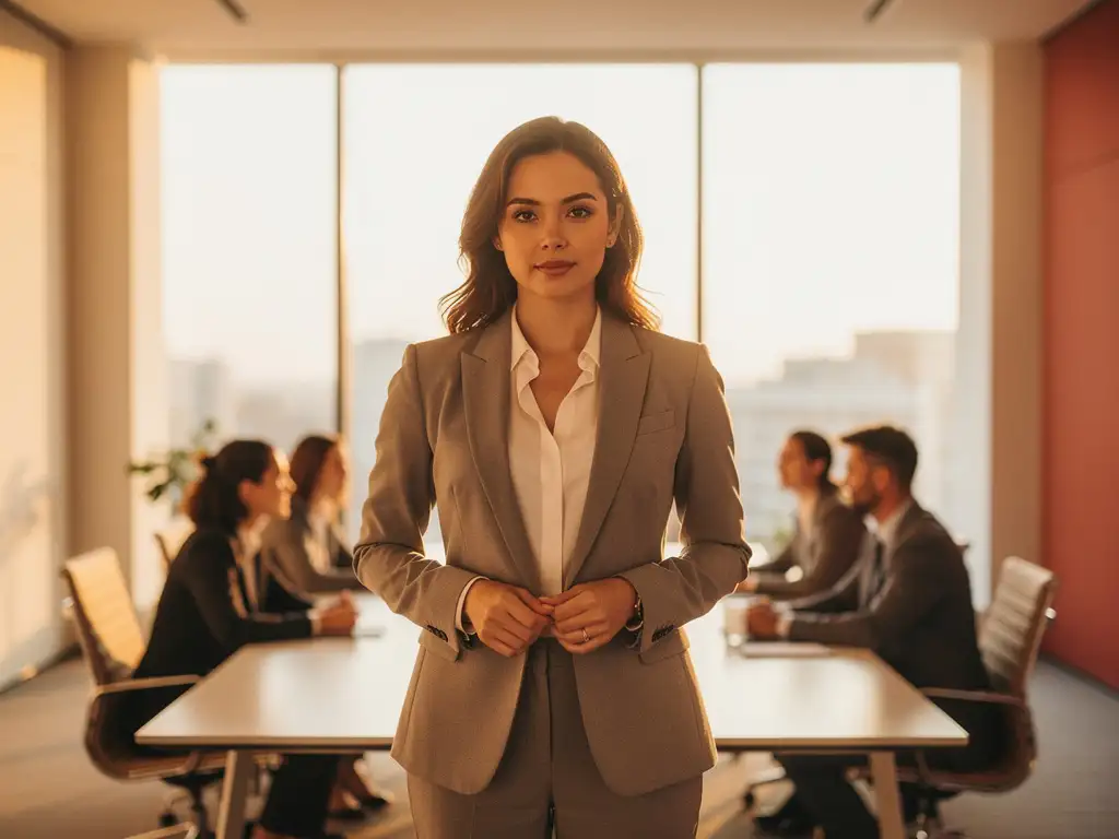 Confident professional woman leading a meeting in a sunlit modern conference room with colleagues in the background.
