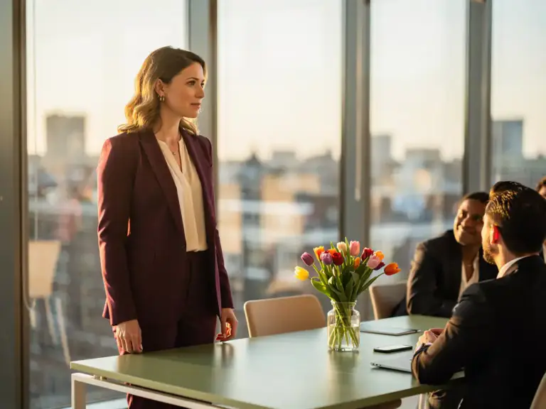 Woman in tailored blazer observing a team meeting in a bright Amsterdam office with tulips on the desk and golden natural light.