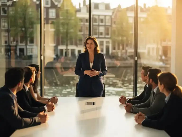 Woman in tailored blazer leading a boardroom meeting in Amsterdam, canal cityscape visible through floor-to-ceiling windows at golden hour.