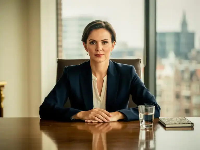 Confident woman in a tailored blazer at a negotiation table in a modern Amsterdam office with large windows and soft daylight.