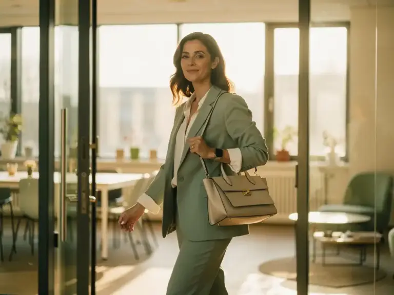 Confident woman in a tailored blazer with a tote bag pausing at a sunlit modern office entrance, golden morning light through glass doors.