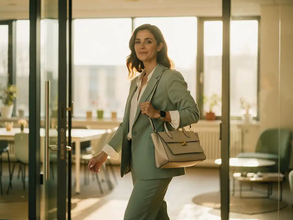 Confident woman in a tailored blazer with a tote bag pausing at a sunlit modern office entrance, golden morning light through glass doors.