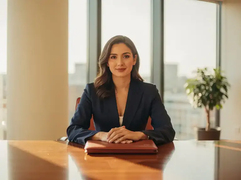 Confident woman in a tailored blazer at a conference table, hands on a leather portfolio, warm afternoon light through floor-to-ceiling windows.