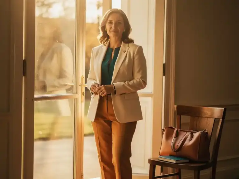 Professional woman in smart attire standing at a sunlit doorway, leather tote and notebook on nearby chair, ready to re-enter the workforce.