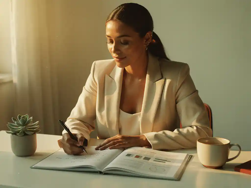 Woman in blazer reviewing handwritten notes and open business plan at a minimalist desk with succulent and coffee cup in warm afternoon light.
