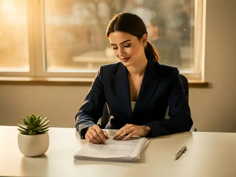 Woman in navy blazer reviewing financial documents at a minimalist desk, warm afternoon light, succulent and pen nearby.