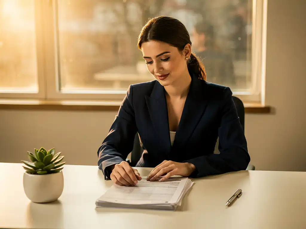 Woman in navy blazer reviewing financial documents at a minimalist desk, warm afternoon light, succulent and pen nearby.