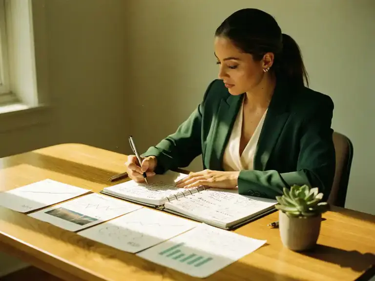 Woman in tailored blazer reviewing financial growth charts and handwritten notes spread across an oak desk in warm afternoon light.