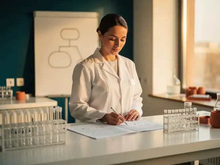 Confident woman in a lab coat reviewing research notes at a white bench surrounded by organized specimen samples and whiteboard diagrams.