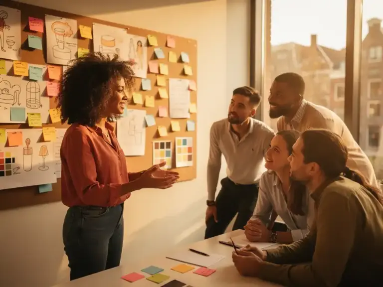 Woman with natural curly hair presenting at a colorful mood board to a diverse team in a sunlit Amsterdam office.