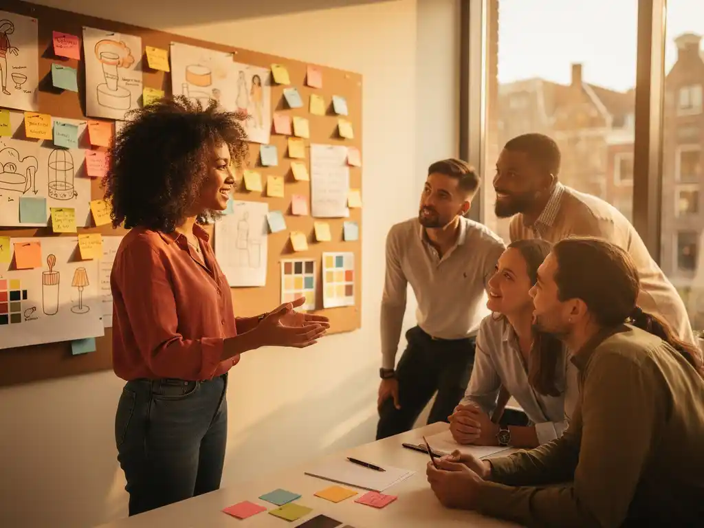 Woman with natural curly hair presenting at a colorful mood board to a diverse team in a sunlit Amsterdam office.