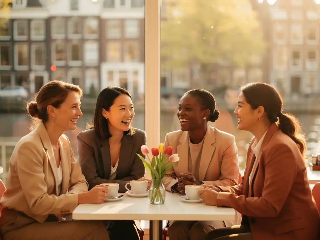 Five diverse women laughing over coffee in a sunlit Amsterdam café with tulips on the table and warm golden afternoon light.