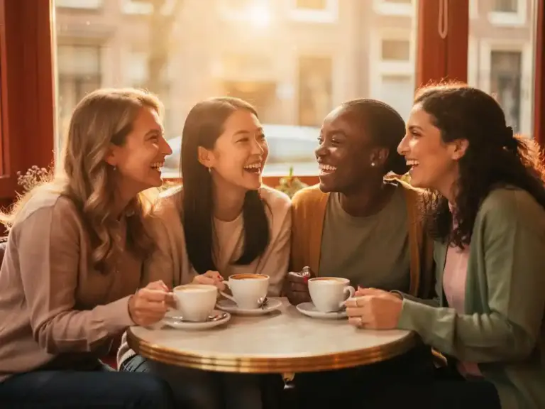 Diverse women laughing together over coffee at a sunlit Amsterdam café, radiating genuine friendship and connection.