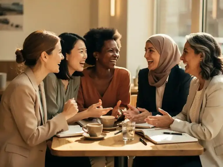 Five diverse professional women laughing together over coffee and notebooks at a sunlit Amsterdam café workspace.