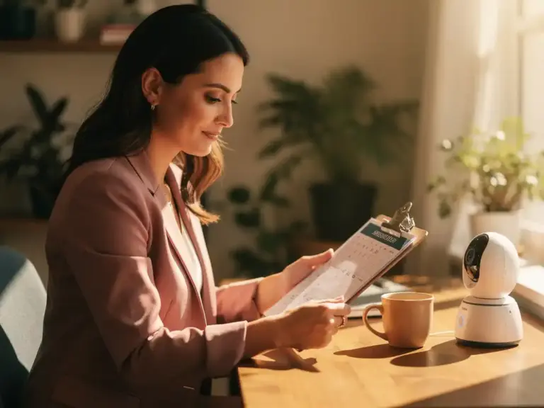 Woman in blazer reviewing flexible work schedule on clipboard at sunlit home-office desk with baby monitor and coffee mug nearby.