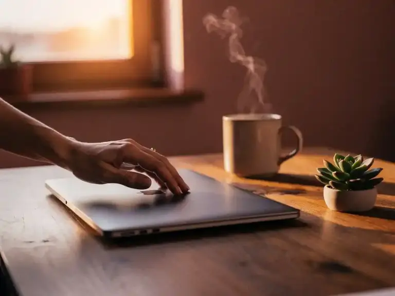 Woman's hand closing a laptop on a warm wooden desk beside a steaming mug and small succulent in soft evening light.
