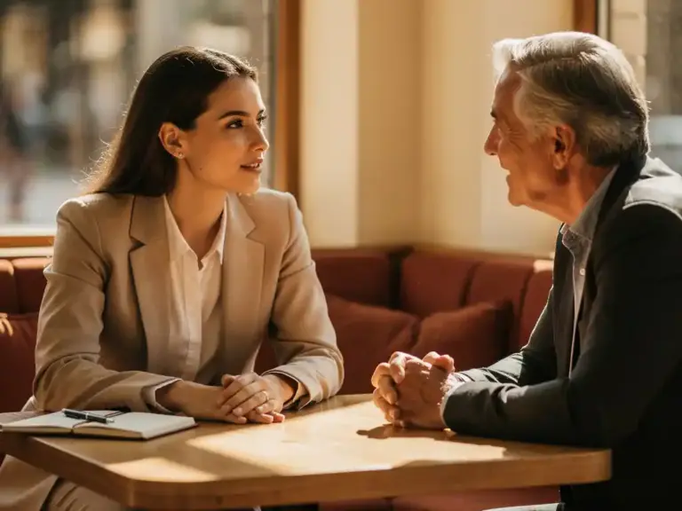 Young professional woman in engaged conversation with an experienced mentor at a sunlit café, notebook on table nearby.