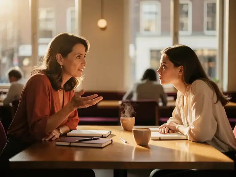 Experienced professional mentoring a younger woman over coffee in a sunlit Amsterdam café, journals on a warm wooden table.