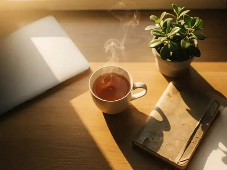 Steaming tea on a tidy desk beside a journal and small plant, bathed in warm golden-hour sunlight from above.