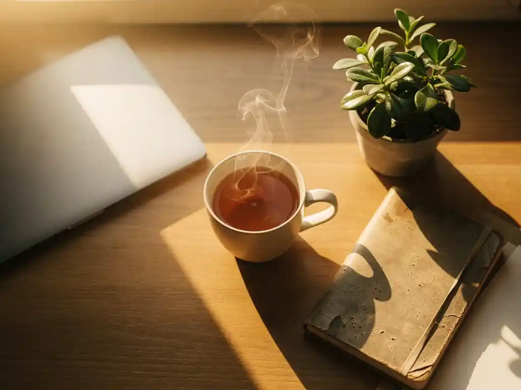 Steaming tea on a tidy desk beside a journal and small plant, bathed in warm golden-hour sunlight from above.