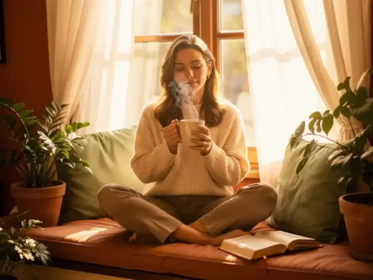 Woman sitting cross-legged on a window seat, eyes closed, cradling a steaming mug in warm afternoon light beside an open book and indoor plants.