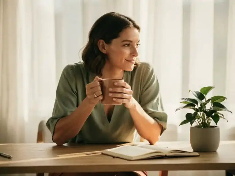 Professional woman holding a warm ceramic mug at a sunlit wooden desk with a journal and potted plant in soft morning light.