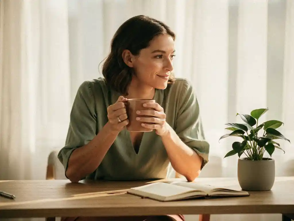 Professional woman holding a warm ceramic mug at a sunlit wooden desk with a journal and potted plant in soft morning light.