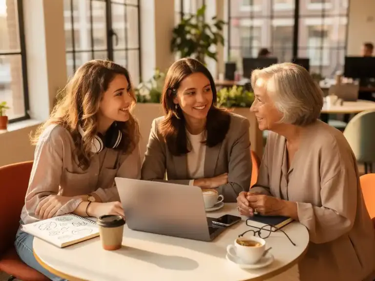 Three generations of women sharing conversation at a sunlit Amsterdam café workspace, bathed in warm golden afternoon light.