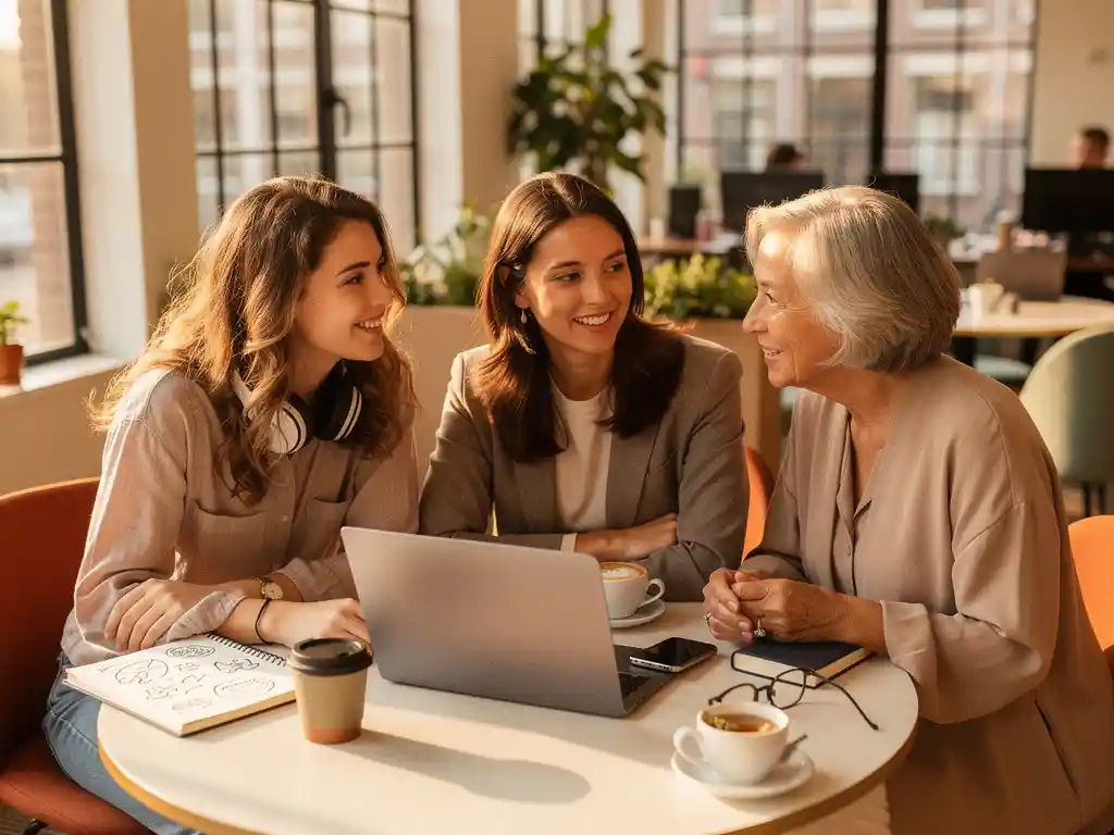 Three generations of women sharing conversation at a sunlit Amsterdam café workspace, bathed in warm golden afternoon light.