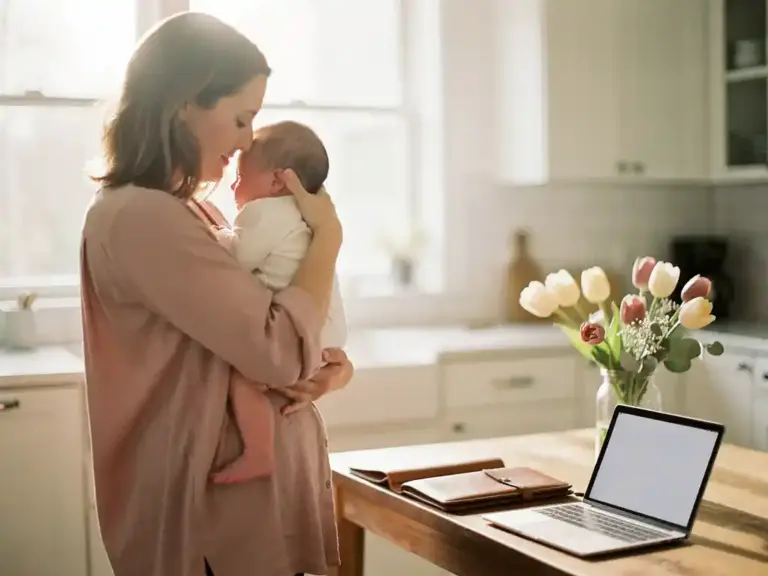 Mother holding newborn baby at sunlit kitchen table with open laptop and portfolio, tulips in vase, warm morning light.