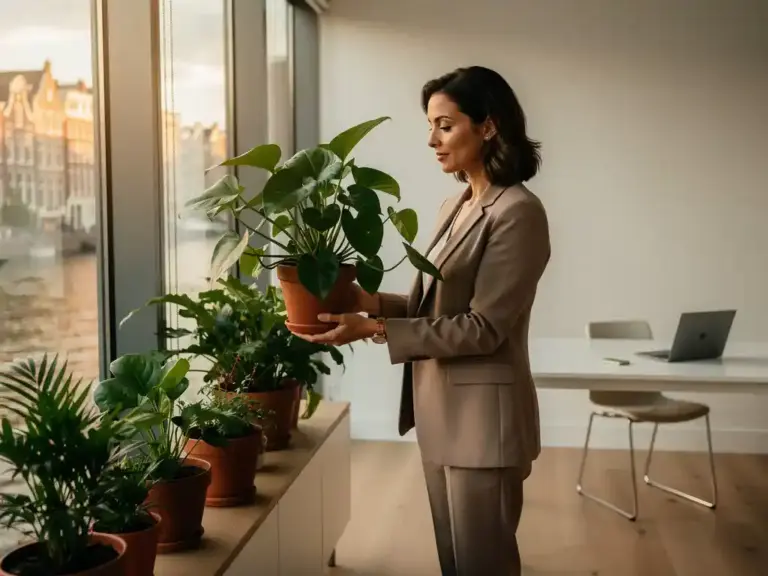 Woman in tailored blazer tending to a thriving indoor plant in a sunlit modern Amsterdam office with emerald and terracotta tones.