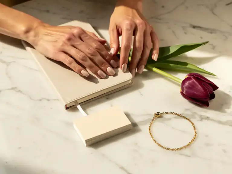 Hands arranging a personal brand flat lay with a notebook, burgundy tulip, business cards, and gold bracelet on white marble.