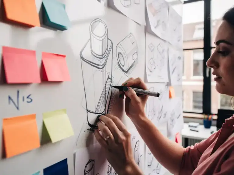 Woman sketching product diagrams on a whiteboard surrounded by colorful sticky notes in a sunlit Amsterdam studio.