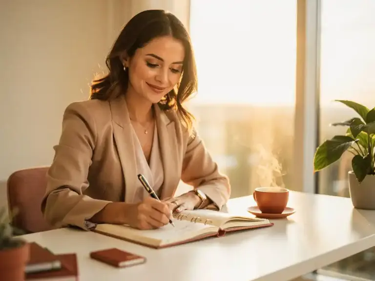 Professional woman writing in a planner at a sunlit modern desk with a coffee cup, warm golden morning light, ivory and sage tones.
