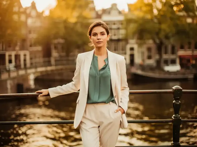 Professional woman standing confidently on an Amsterdam canal bridge at golden hour, warm amber light illuminating her face, teal water reflections below.
