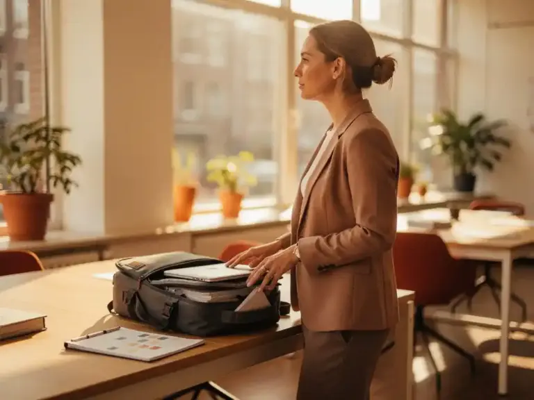 Professional woman pausing thoughtfully at a sunlit Amsterdam open-plan office desk, half-packed laptop bag beside her, warm golden afternoon light.