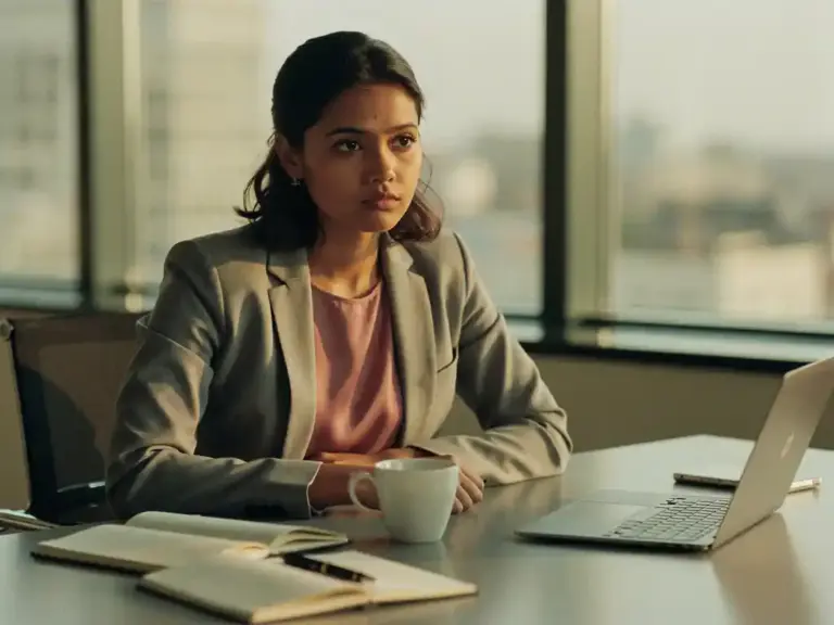 Professional woman at modern desk gazing distantly at untouched coffee, conveying quiet burnout in warm morning light.