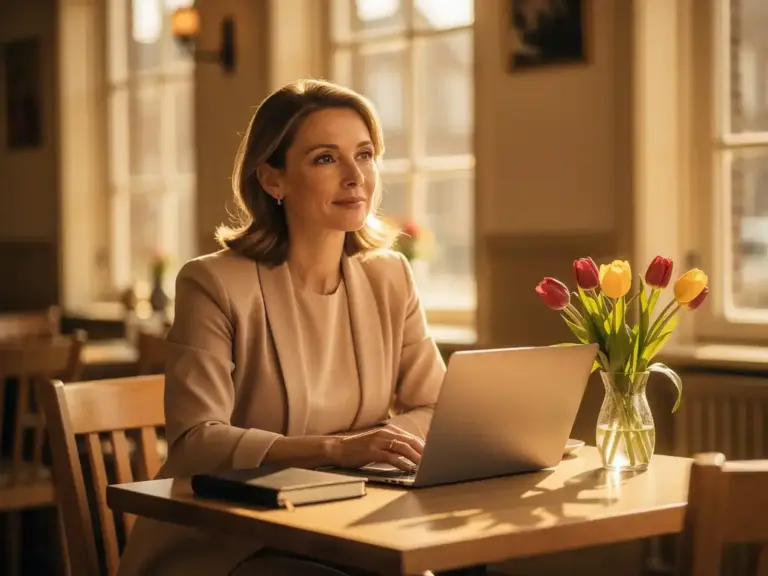 Professional woman writing in a journal at a sunlit Dutch café, laptop and fresh tulips nearby, warm golden afternoon light.