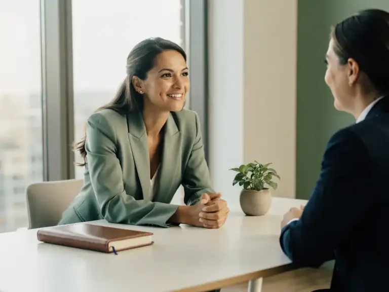 Woman in tailored blazer leaning forward during attentive professional conversation at a Scandinavian-style desk with soft natural light.