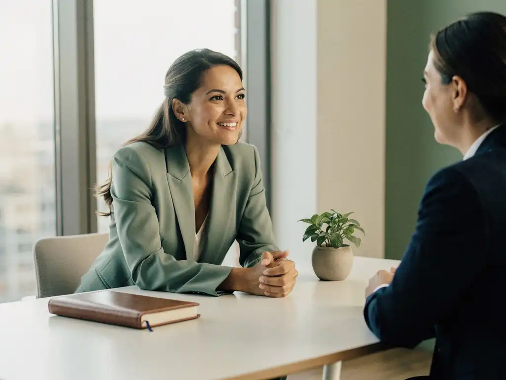 Woman in tailored blazer leaning forward during attentive professional conversation at a Scandinavian-style desk with soft natural light.