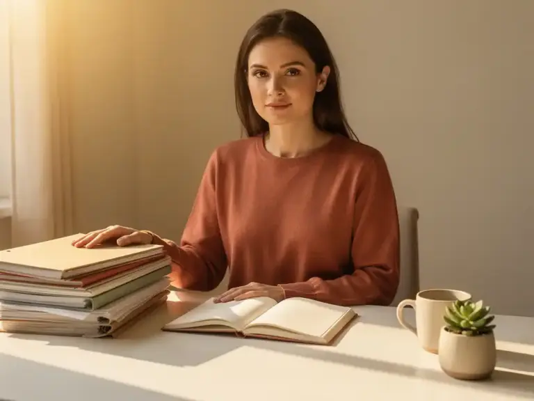 Professional woman at a white desk with stacked folders, open notebook, succulent, and coffee cup in warm morning light.