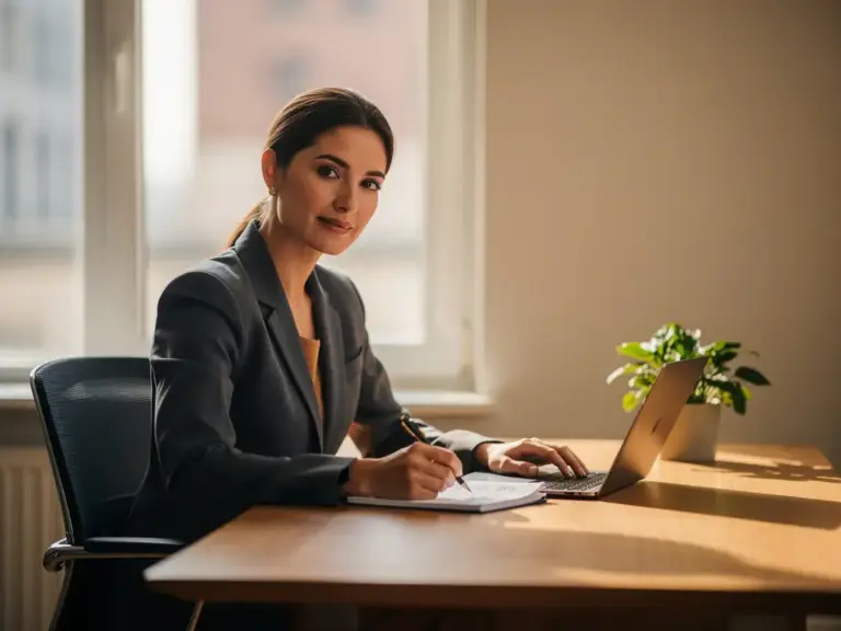 Confident woman in a tailored blazer reviewing handwritten notes beside a laptop at a minimalist oak desk in warm morning light.