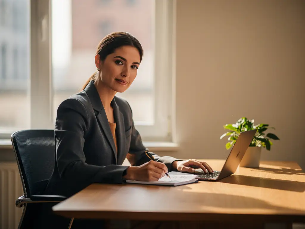 Confident woman in a tailored blazer reviewing handwritten notes beside a laptop at a minimalist oak desk in warm morning light.
