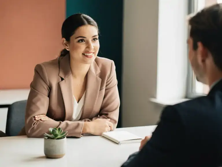 Hiring manager in tailored blazer leaning forward during a job interview at a modern desk with a succulent and notebook nearby.