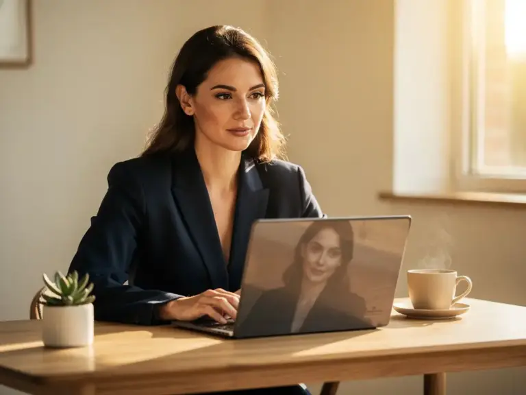 Confident woman in a tailored blazer working at a Scandinavian desk with a laptop, succulent, and coffee cup in warm afternoon light.