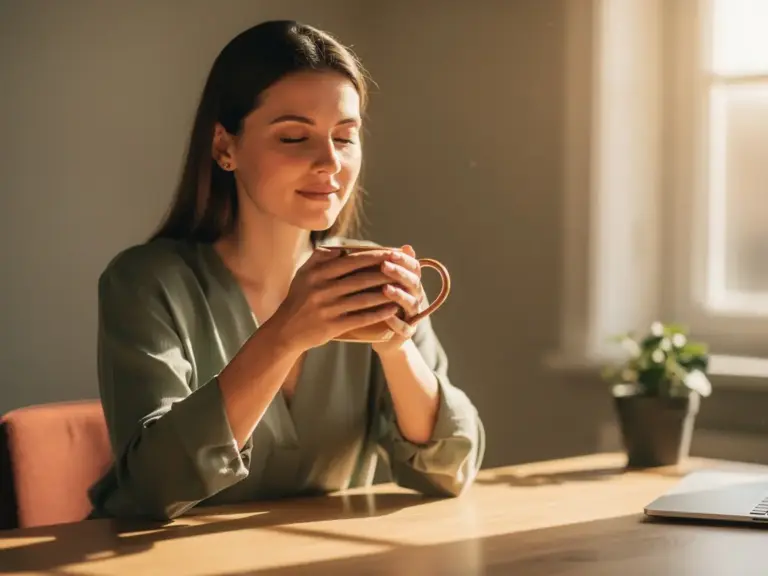 Professional woman at a sunlit wooden desk, eyes closed, holding a warm ceramic mug in a calm, organized workspace with soft green plant blur.