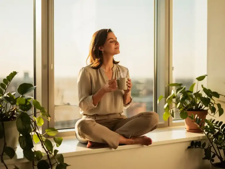 Professional woman meditating on a sunlit office windowsill, eyes closed, cradling a steaming mug, surrounded by lush green plants and warm golden light.