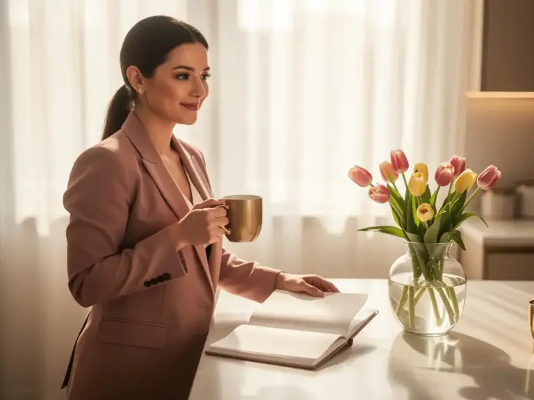 Professional woman in a blazer holding a coffee mug at a sunlit kitchen counter with an open planner and fresh tulips nearby.