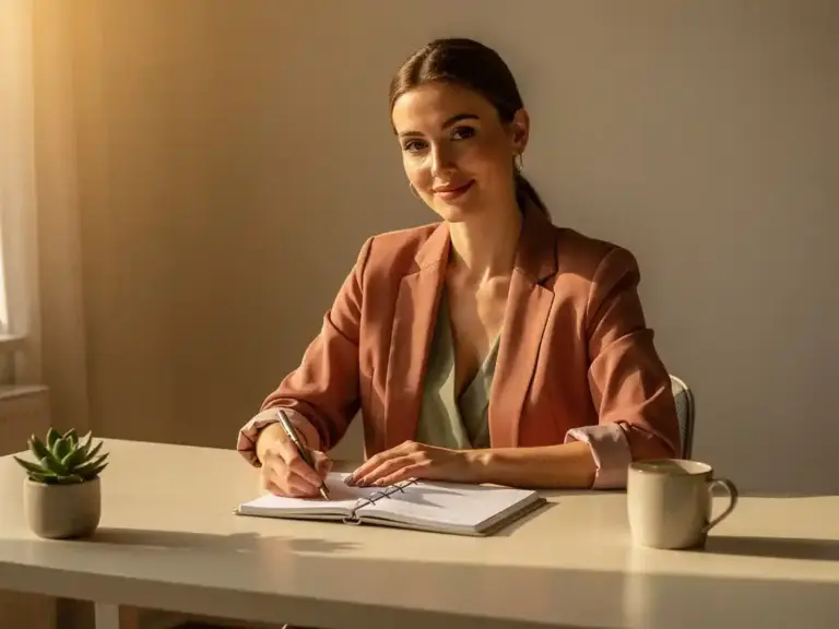 Professional woman reviewing a planner at a sunlit minimalist desk with a ceramic mug and succulent nearby.